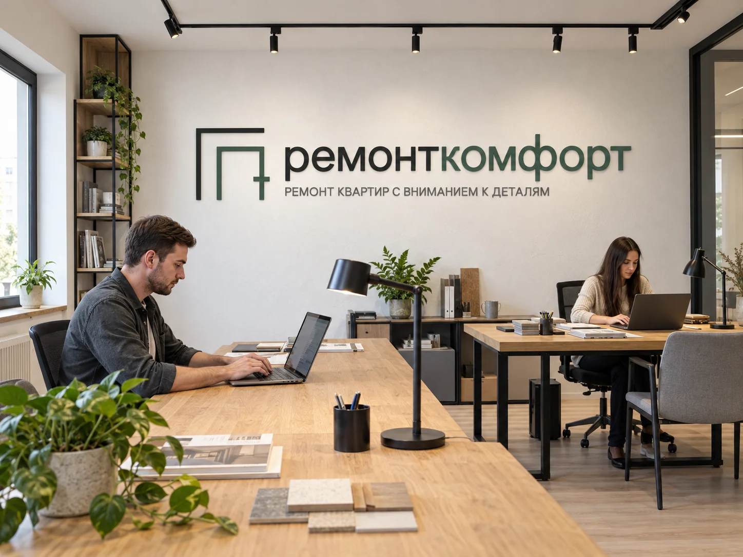 Визуализация офиса РемонтКомфорт: рабочие места и фирменный логотип на стене