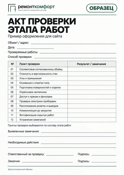 Образец акта проверки этапа работ с 12 пунктами и полями для замечаний